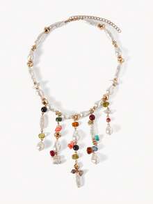 Opalesca Ladies Fashion Necklace, Premium/Elegant/Noble/Everyday/Minimalist, Pearl/Crystal, Summer/Beach/Prom/Party/Vacation/Vacation, Engagement/Wedding/Commitment, Bride, Heart/Floral, Fairy/Mermaid Style (Random Bead Color, Random Stone Shape) - Multicolor - View 4