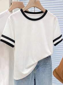 SHEIN Camiseta de cuello redondo para niñas, camiseta de cuello redondo casual cómoda, blanca, camiseta de cuello redondo con estampado de letras de la Torre Eiffel de París en contraste de color para niñas, estilo lindo y dulce, adecuada para uso casual diario - Blanco - Ver 2