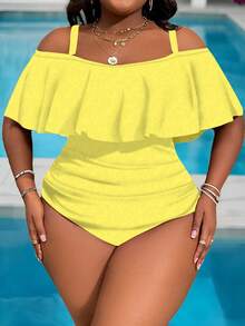 Slaydiva Traje de baño de una pieza con hombros descubiertos y unicolor para tallas grandes - Amarillo - Ver 1