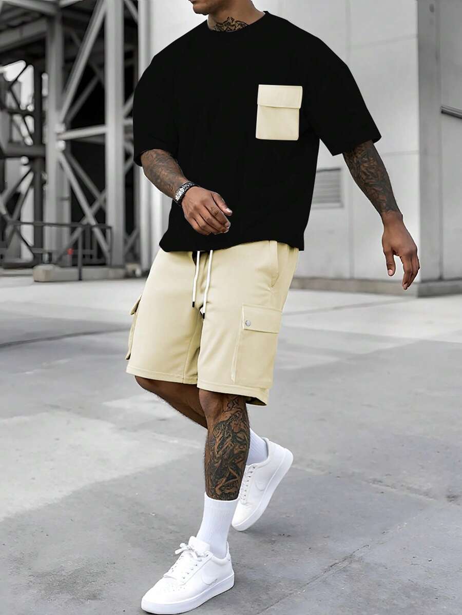 Manfinity Homme Men's Contrast Color Pocket Short Sleeve T-Shirt And Cargo Shorts Set - Multicolor - View 1