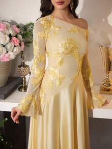 Modelyn Gaun Wanita Musim Gugur Warna Cokelat Seksi dengan Bahu Asimetris, Bordir Jala, Lengan Panjang, Pinggang Tinggi, Model A-Line - Kuning - View 5