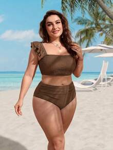 Swim Lushoire Plus Size Women Summer Beach Solid Color Ruffle Trim Fashionable Bikini Swimwear Set - Brown - View 4