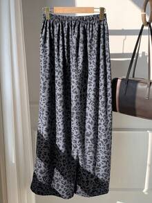 SHEIN EZwear Quần ống rộng nữ màu xanh nhạt họa tiết da báo, cạp chun, kiểu dáng thường ngày. - Màu xanh bụi bặm - Xem 2