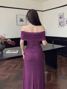 Modelyn 紫色女士网纱波点印花露肩褶皱腰身优雅婚礼/约会连衣裙 - 紫色 - 查看 2