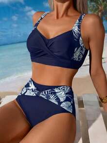 Swim Lushoire 女士撞色交叉裹身修身比基尼泳衣套装 - 藍白色 - 查看 1