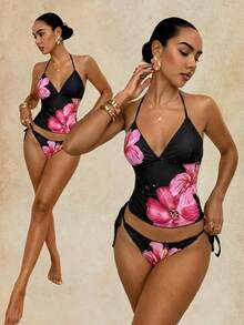 Swim Glamine 两件套甜美花卉印花黄色格子比基尼套装，休闲春夏海滩派对度假 - 黑色 - 查看 1