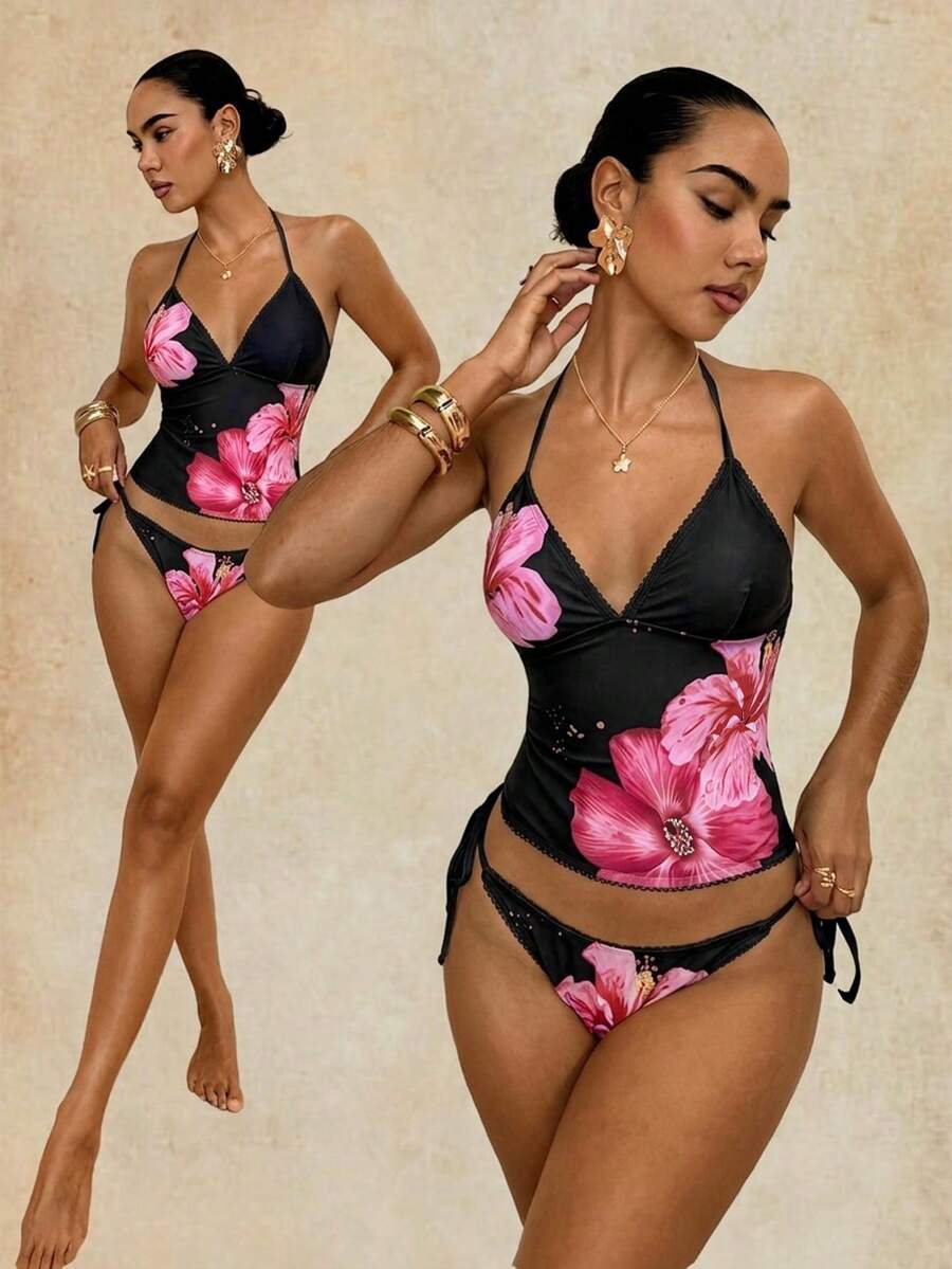 Swim Glamine 两件套甜美花卉印花黄色格子比基尼套装，休闲春夏海滩派对度假 - 黑色 - 查看 1