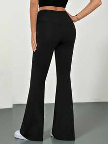 SHEIN Tall Quần ống loe cạp cao đơn giản màu trơn mùa hè mới 2024 - màu đen - Xem 2
