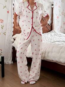 SHEIN Bow & Cherry Print Bubble Crinkle Cardigan Short Sleeve & Pants Women Pajama Set - Red - View 1