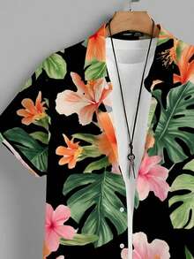 VIVINTIMO 男士热带植物印花短袖衬衫 - 黑色 - 查看 4