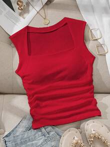 SHEIN EZwear 女士纯色褶皱休闲百搭日常上衣 - 紅色 - 查看 3