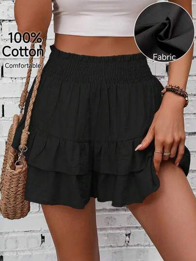 Chiquease Falda-pantalón de vacaciones con cintura fruncida y volantes en el bajo, efecto de dos piezas para mujer