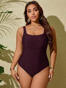 Swim Lushoire Baju Renang Terusan Wanita Ukuran Besar Warna Polos untuk Liburan Pantai Musim Panas - Burgundy - View 3