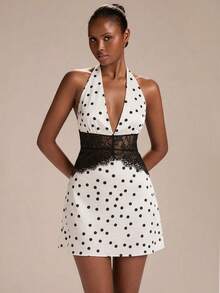 SHEIN BAE Women's White With Black Polka Dots Lace Patchwork Bow Decor A-Line Mini Dress, Elegant Sexy For Spring Summer Night Out Date Night - White - View 3