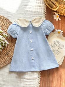 Vintaside Kids Đầm thêu hoa cho bé gái sơ sinh, phong cách đồng quê thanh lịch, đa năng, dễ thương, thích hợp cho mùa xuân/hè, chất liệu mềm mại. - Màu xanh lam - Xem 2