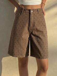 DAZY Quần short denim chấm bi dáng rộng thoải mái, thích hợp mặc đi biển mùa hè cho nữ. - màu nâu - Xem 2