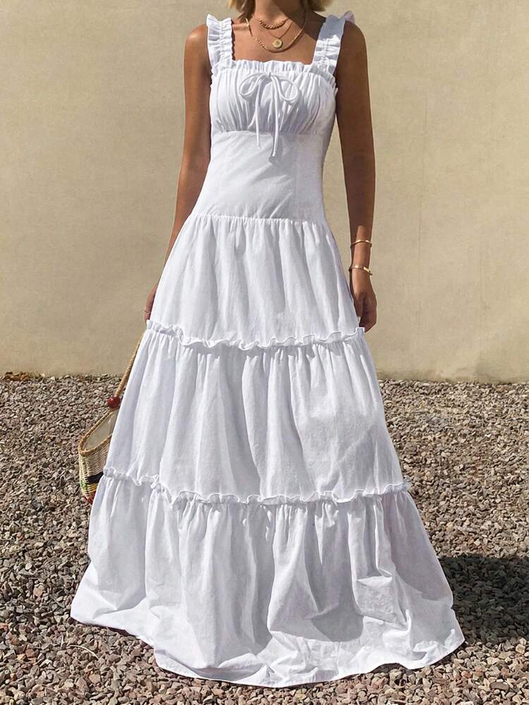 Women's Solid Color Frill Trim Sleeveless Casual Dress