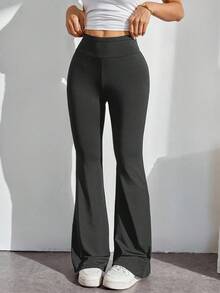 SHEIN PETITE Pantalones acampanados de cintura alta con envolvente de unicolor - Gris Oscuro - Ver 3