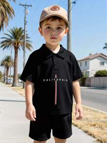 SHEIN Áo polo tay ngắn in họa tiết tối giản dành cho bé trai - màu đen - Xem 7