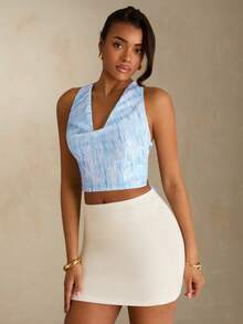 SHEIN Glamour Women's Summer Fashion Sexy Elegant Elegant Resort Style White Sequin Halter Backless Cropped Top Golf - Blue - View 4