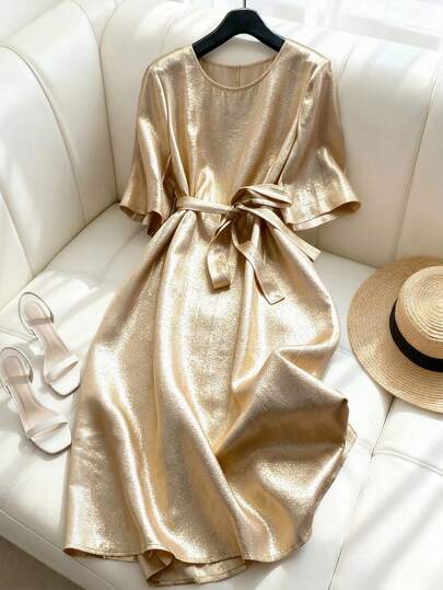 GlowEve CURVE Plus Size Elegant Metal-Tone Belted Summer Dress