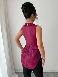 SHEIN Elenzya 女士无袖网纱拼接纯色上衣 - 玫紅色 - 查看 2