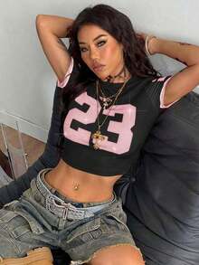 SHEIN Coolane Women's Summer Streetwear Going Out Y2K Sparkly Rhinestone Slim Fit T-Shirt - Black - View 4