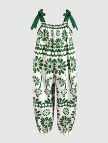 SHEIN 年轻女孩休闲日常舒适复古图案无袖连体裤 - 彩色 - 查看 2