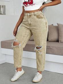 SHEIN Slayr Plus Size Women High Waist Pockets Distressed Skinny Casual Jeans - Khaki - View 1