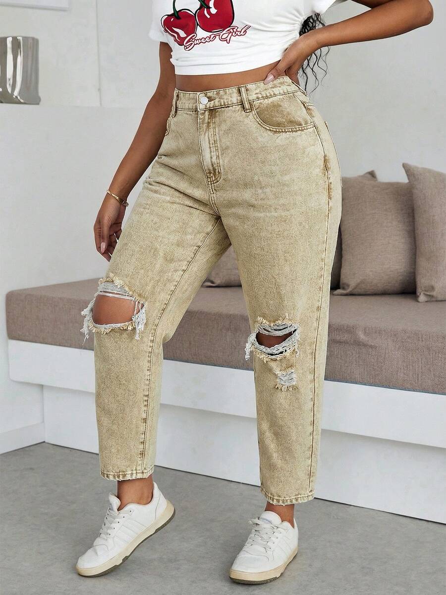SHEIN Slayr Plus Size Women High Waist Pockets Distressed Skinny Casual Jeans - Khaki - View 1