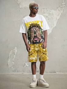 Manfinity ZONE917 Men's Letter Print Round Neck Short Sleeve T-Shirt And Leaf Print Shorts Casual Set - Yellow - View 8