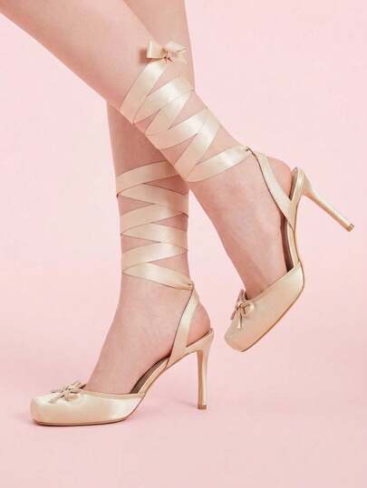 CUCCOO DOLLMOD Women's Apricot Elegant Sweet Cute Versatile Date/Party Outfit Bow Decor Square Toe Ballet Shoes High Heel Pumps