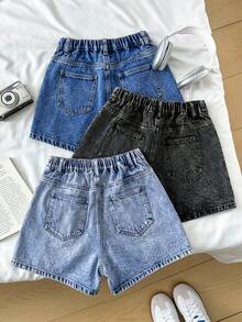 SHEIN Teen Girl Spring Summer Beach Boho Holiday 3 Pieces Solid Light Washed Ripped Raw Hem Casual Baggy Denim Shorts, Summer Concert Rave Festivals, Beach Vacations ,Country Concert - Multicolor - View 2