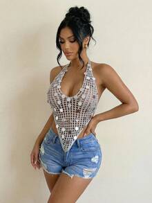 Swim SXY New Arrival Women's Deep V-Neck Sequin Tie-Up Sexy Knit Top - Grey - View 5
