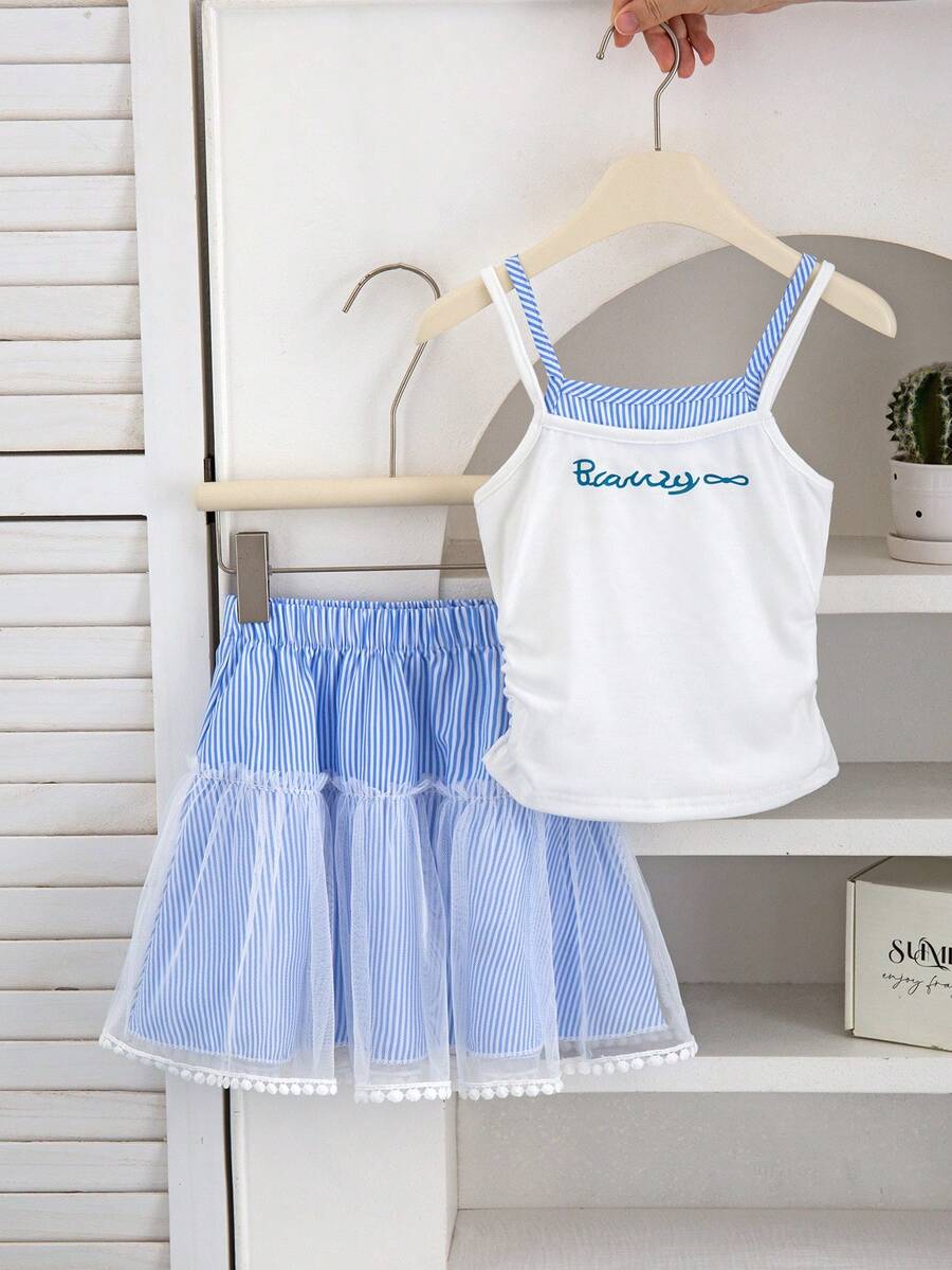 2件套女童（小号）条纹拼接背心上衣、字母印花白色吊带背心和条纹迷你裙 - 彩色 - 查看 1
