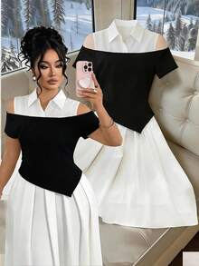 GlowEve CURVE Vestido de mujer con cuello polo, cintura ceñida, volantes tejidos y diseño versátil y elegante - Blanco y Negro - Ver 5