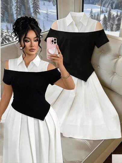 GlowEve CURVE Đầm nữ dệt kim xếp nếp cổ polo, thắt eo, tôn dáng, thời trang, đa năng.