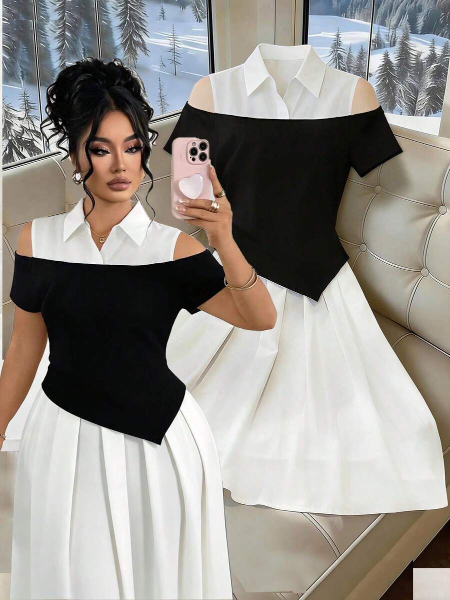 Women's Woven Ruffle Trim Polo Collar Waist Cinched Slimming Fashionable Versatile Dress - Black and White - View 1