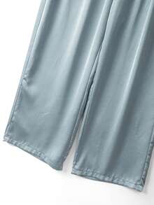 GlowEve CURVE Pantalones casuales de satén texturizado azul para mujer talla grande, pantalones de seda para mujer, pantalones de yoga, pantalones de seda de hielo, pantalones de pierna ancha, pantalones de satén, estilo de mujer, adecuados para salidas diarias y fáciles de combinar con atuendos. Pantalones de pierna ancha, pantalones de moda para mujer, pantalones de satén para mujer, pantalones con cordón en la cintura - Azul - Ver 4