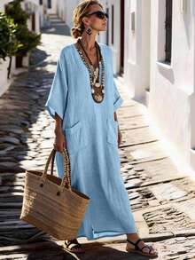 SHEIN Holidaya Đầm mùa hè mới, cổ chữ V, chất liệu giả vải lanh, dáng rộng thoải mái. - Màu xanh lam - Xem 1