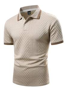 Manfinity Joysei Áo Polo nam dệt kim jacquard màu trơn, cổ áo gân nổi, 3 nút. - Màu be - Xem 5