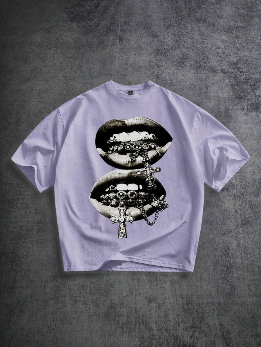 Manfinity ZONE917 Purple Lip Print Casual Short Sleeve T-Shirt For Men - Purple - View 1