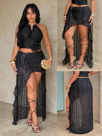 Rustia Low Rise, Mini Skirt, Western, Vacation, Summer Women Outfit, Beach Women Outfits, Spring/Summer Niche Design Irregular Chiffon Jacquard Cutout Lace-Up Low Waist High Waist Sexy Dark Solid Textured Fabric Skirt, Irregular Hem Sheer Chiffon Cutout Patchwork Knit Bodycon Leggings, Irregular Hem Skirt, Draping Versatile Maxi Dress