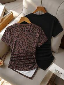 SHEIN Teen Girl Black Summer Party T-Shirt,Asymmetric Neck Multi-Color Design Ruched Waist Metal Buckle Irregular Short Sleeve Top For Daily Campus Wear - Multicolor - View 2