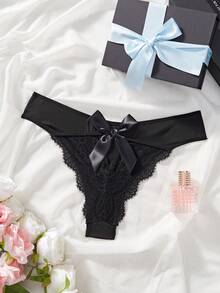 Panties De Encaje Con Lazo Para Mujer De Talla Grande - Negro - Ver 2