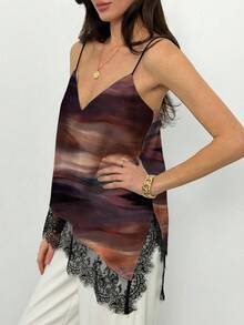 Aloruh Casual Minimalist Style Deep Brown Abstract Tie Dye Print Pattern Women Elegant Sexy Contrast Lace Camisole Suitable For Spring/Summer, Vacation, Party - Multicolor - View 7