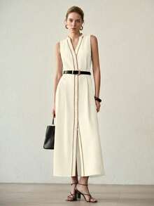 MOTF PREMIUM CONTRAST BINDING BUTTON UP DRESS - Apricot - View 6