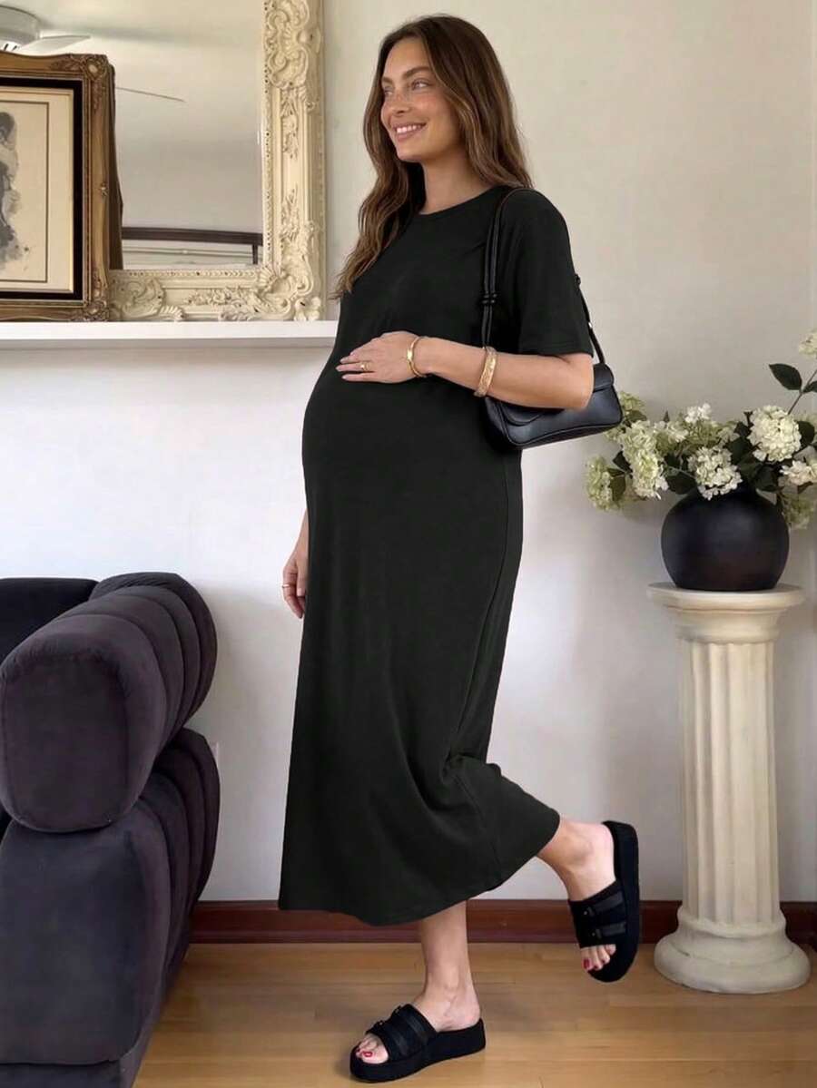 SHEIN 孕妇纯色圆领短袖休闲连衣裙 - 黑色 - 查看 1