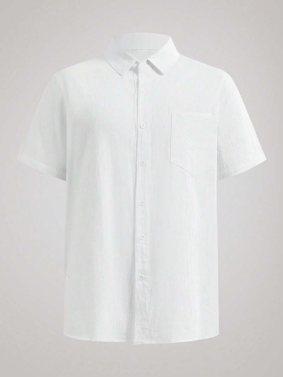 Officeau 夏威夷风情亚麻宽松休闲男士亨利领短袖衬衫 - 白色 - 查看 1