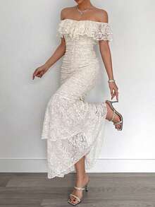 Feyla 女士优雅纯色蕾丝露肩鱼尾连衣裙 - 米色 - 查看 2